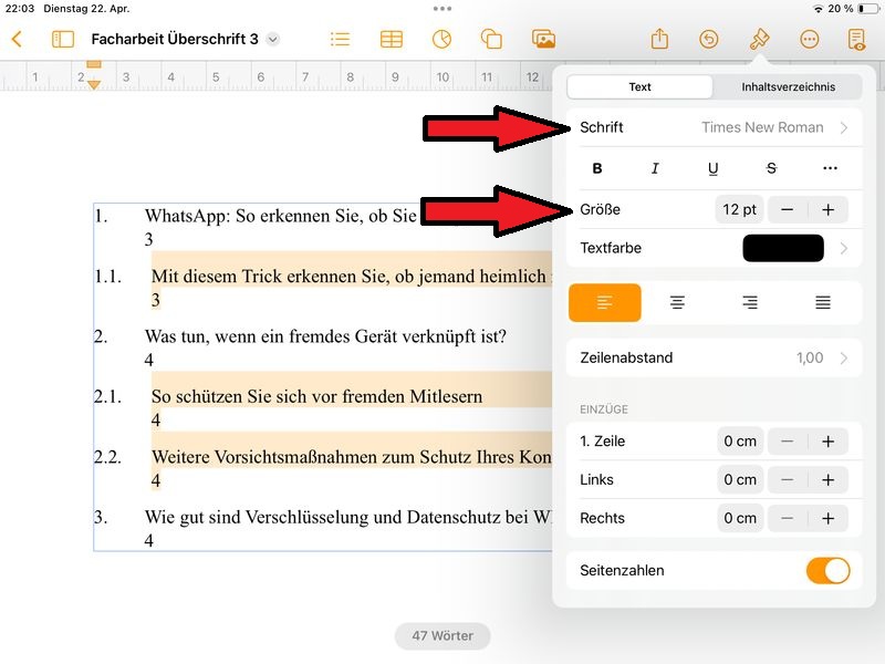 Inhaltsverzeichnis anpassen